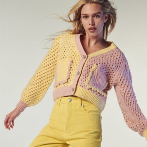 ZARA WOMEN CHUNKY KNIT YELLOW PINK RHINESTONE BUTTON CARDIGAN SWEATER SZ MED - Picture 9 of 11